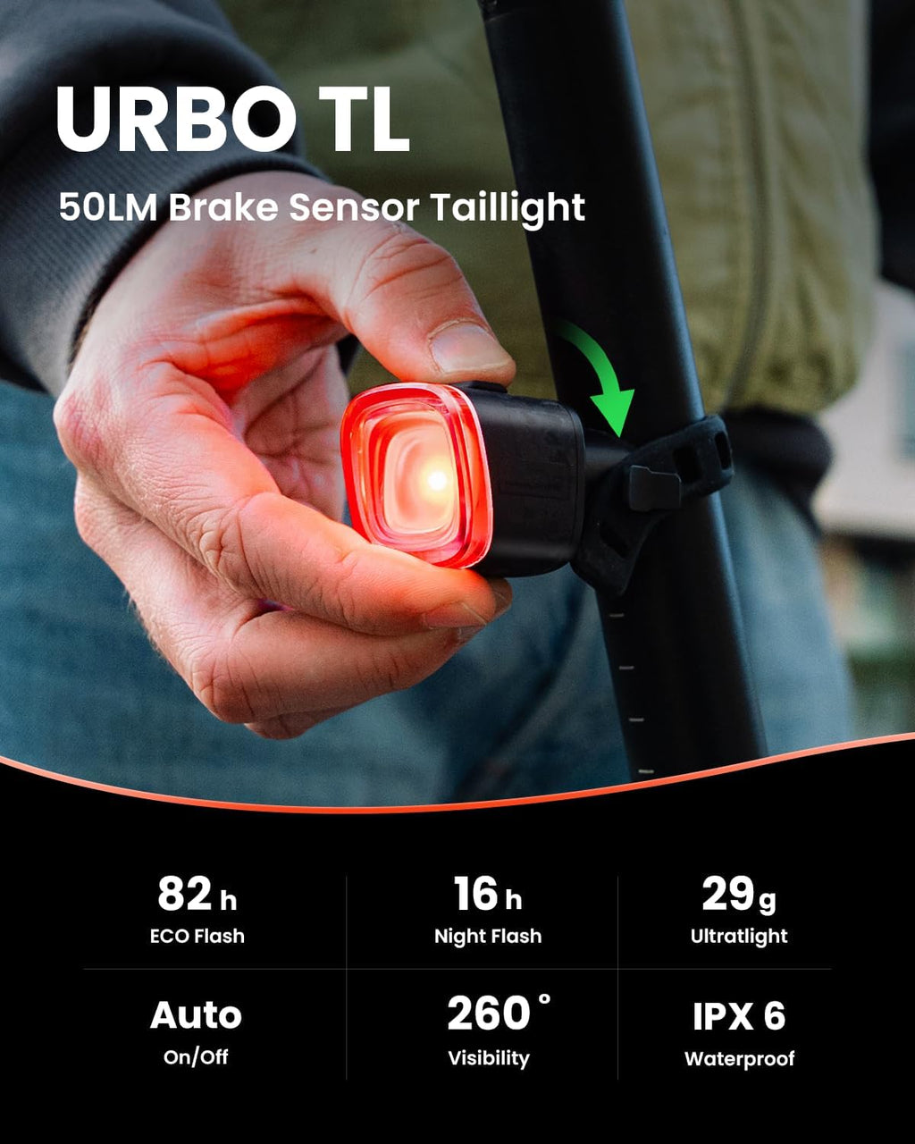 URBO COMBO Bike Lights Front and Back,300LM Headlight &50LM Rear | Cut-Off Bicycle Headlight, Brake Taillight
