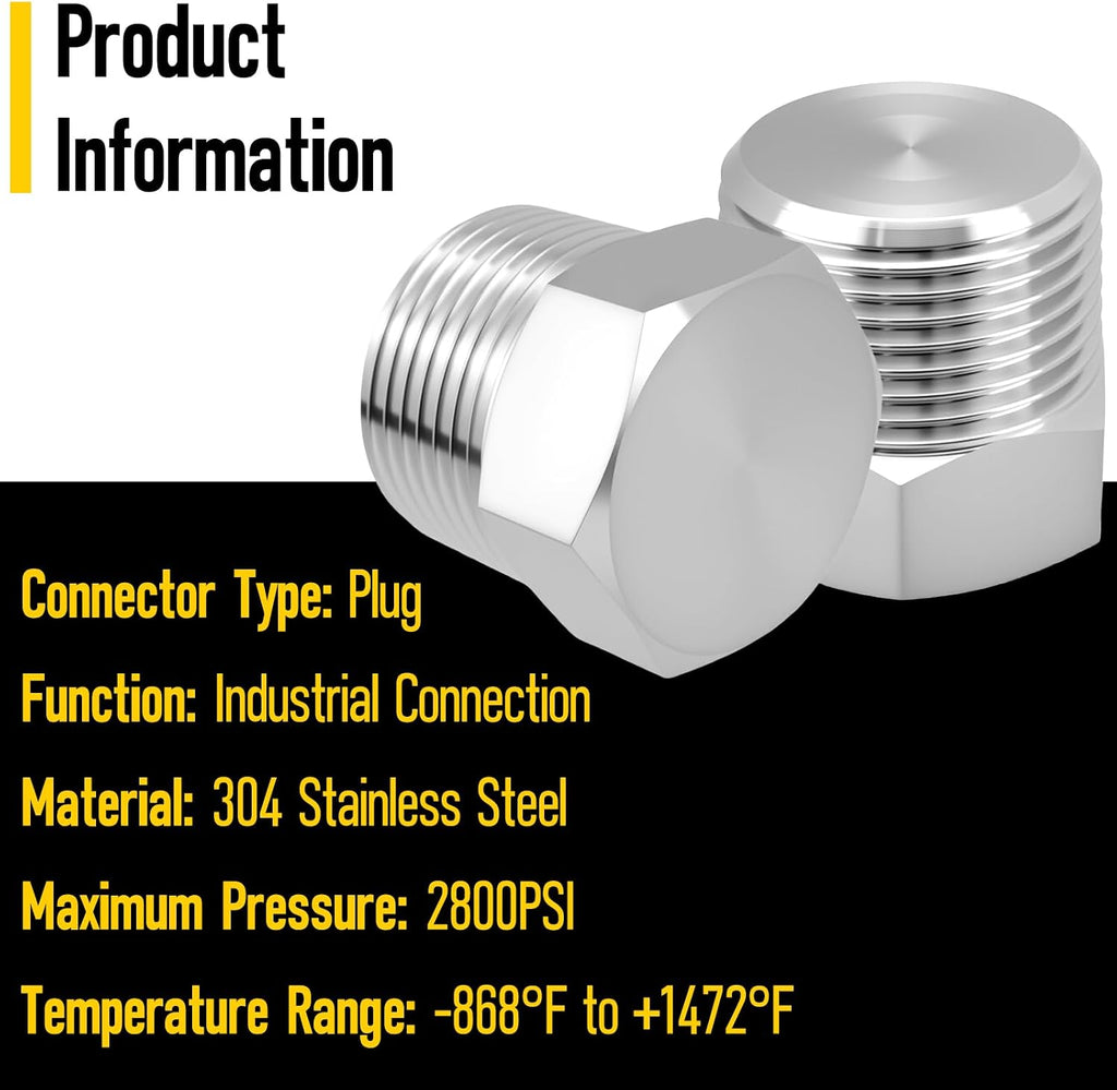 Outer Hex Head Thread Pipe Plug Fitting, HONSNKS 2PCS 1/2" NPT Male 304 Stainless Steel Hex Head Screw Pipe Plug Adapter Connector