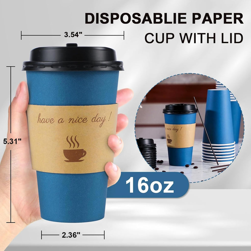 100 Pack 16 oz Disposable Paper Coffee Cups with Lids(Navy)