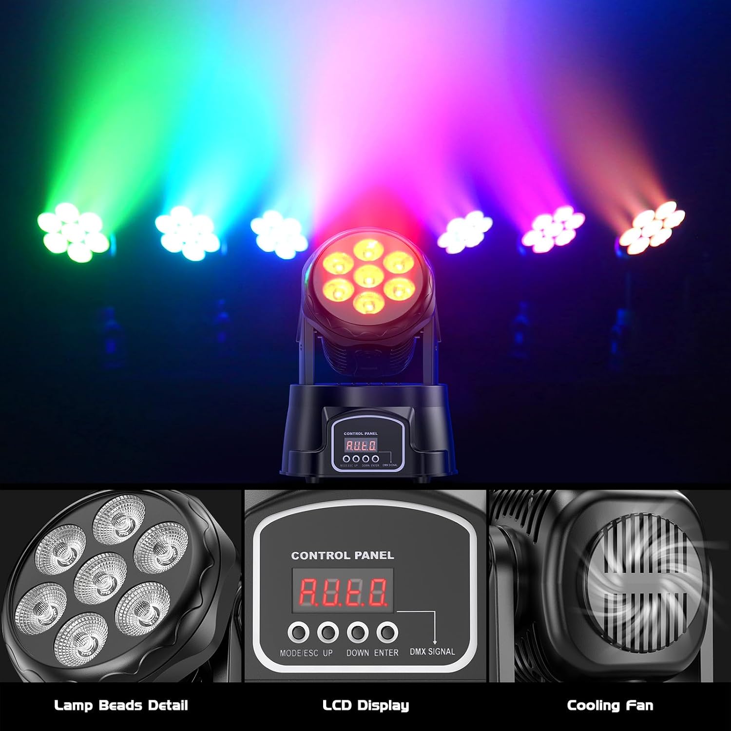 Moving Head Light RGBW Stage Lighting DJ Lights 7 x 10W LED Beam Spotlight 9/14 CH Wash Light with DMX and Sound