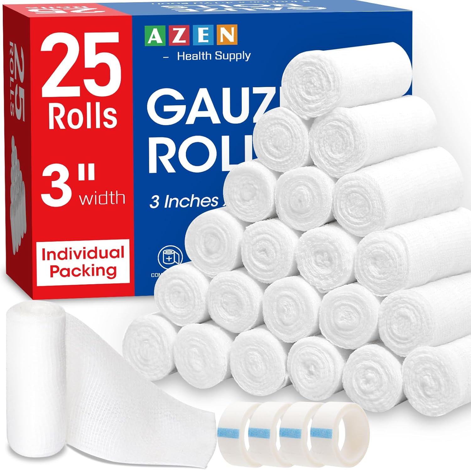 25 Pack Gauze Rolls Bandages, 3 in x 4.1 Yards, Premium Medical Supplies & First Aid Supplies, Bandage Wrap Vet Wrap