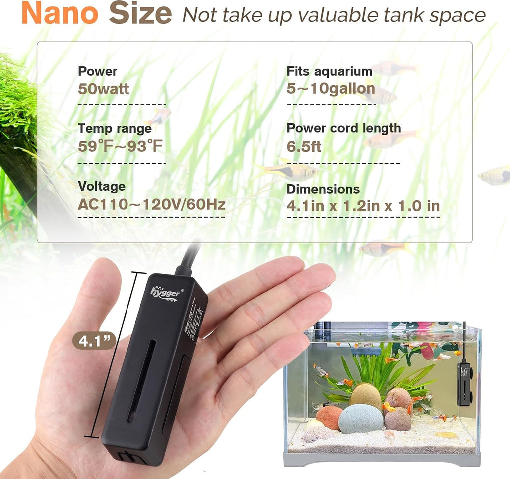 Mini Fish Tank Submersible Heater 50W for 5-10 Gallons Small Betta Aquarium Heater with Digital Display Controller