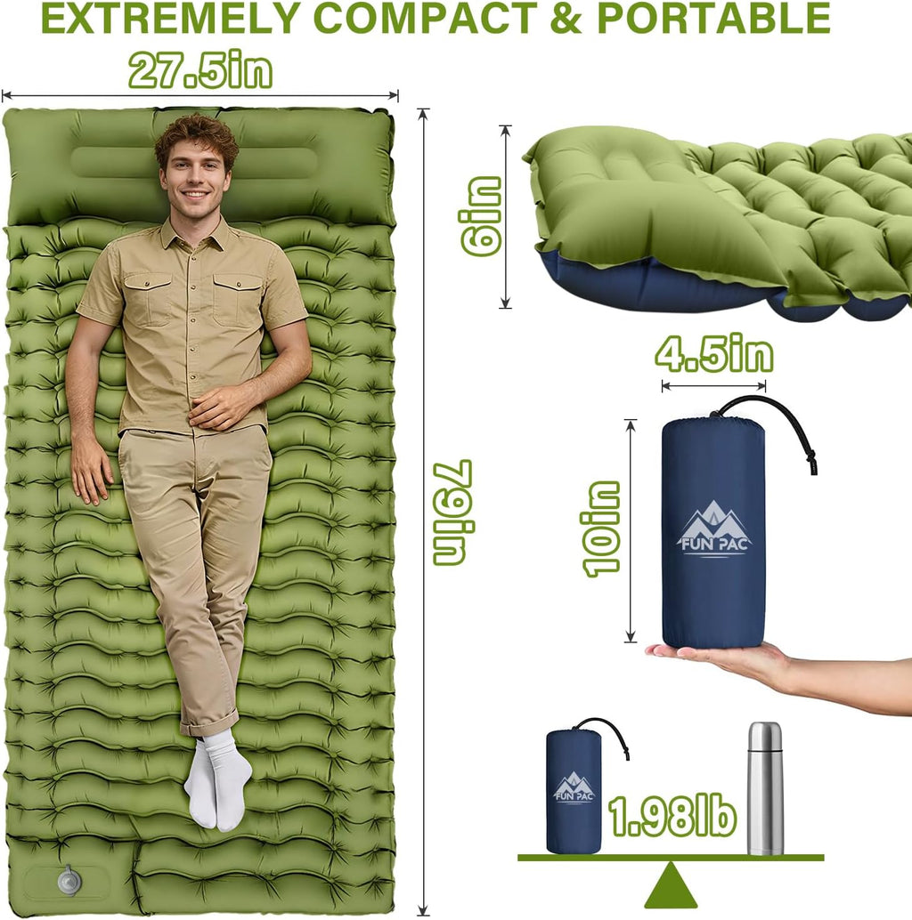 Camping Sleeping Pad, Ultralight Camping Mat with Pillow, Built-in Foot Pump Inflatable Sleeping Pads Compact for