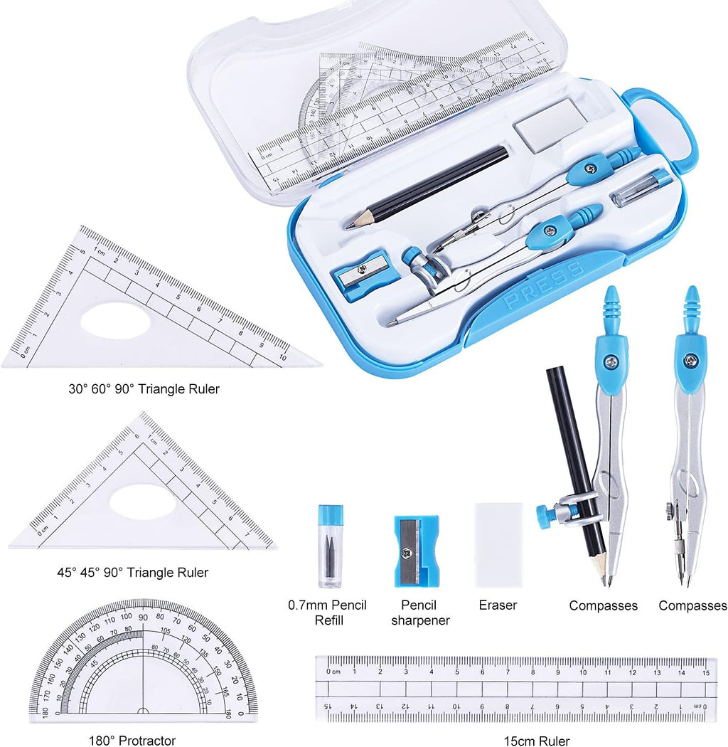 Math Geometry Kit Set 10 Pieces with Shatterproof Storage Box, Student Supplies Drawing Compass Includes Protractor