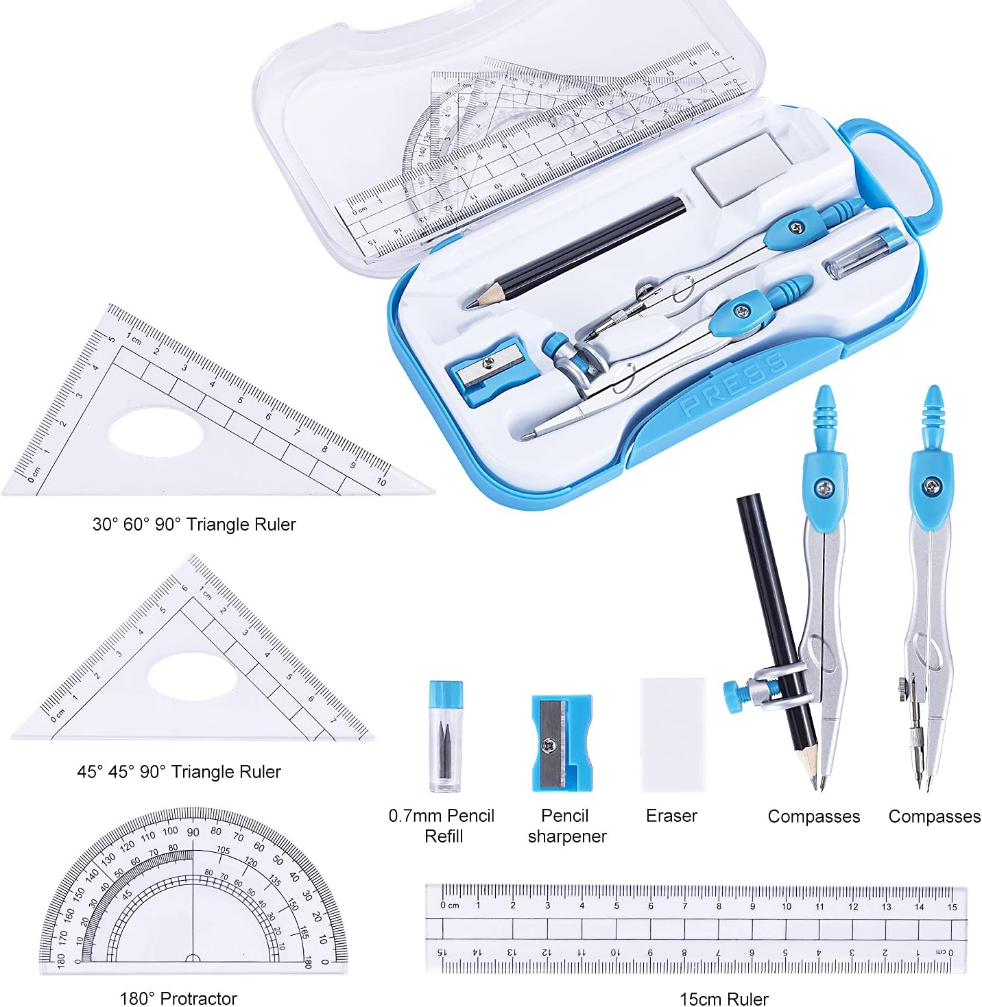 Math Geometry Kit Set 10 Pieces with Shatterproof Storage Box, Student Supplies Drawing Compass Includes Protractor