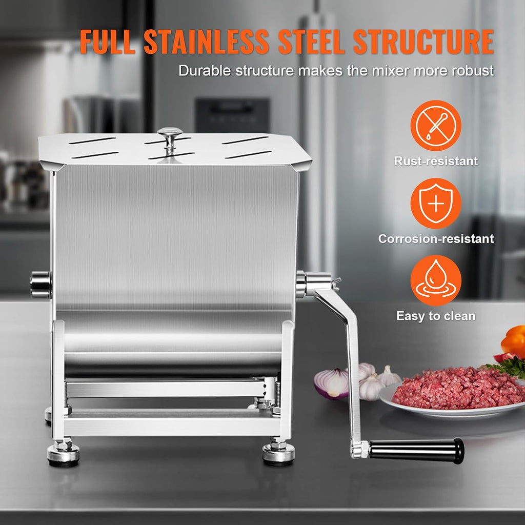 Manual Meat Mixer, 10L Fixed Tank – Heavy Duty Stainless Steel Hand Mixer for Ground Beef & Sausage, Max 15lb Mixing