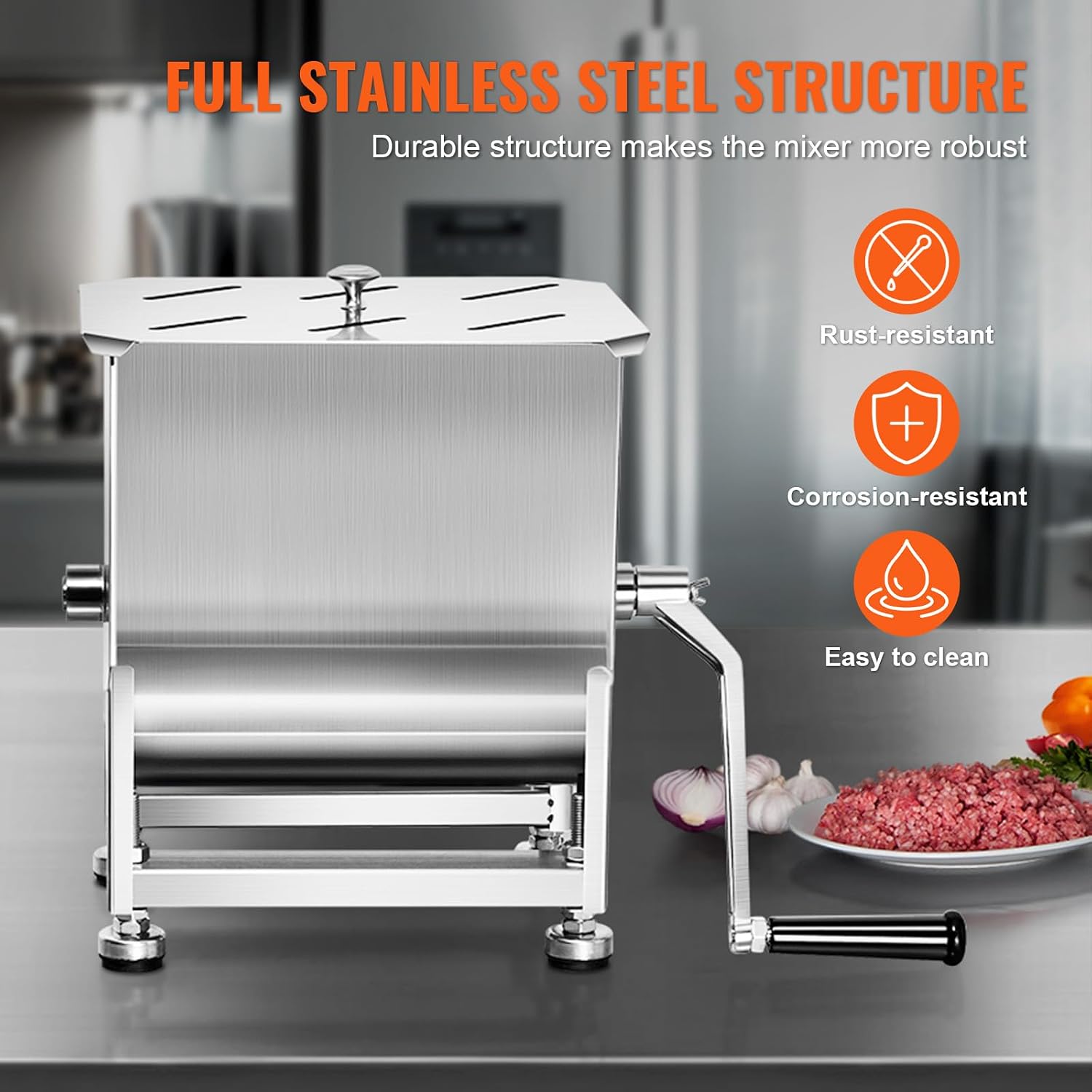 Manual Meat Mixer, 10L Fixed Tank – Heavy Duty Stainless Steel Hand Mixer for Ground Beef & Sausage, Max 15lb Mixing