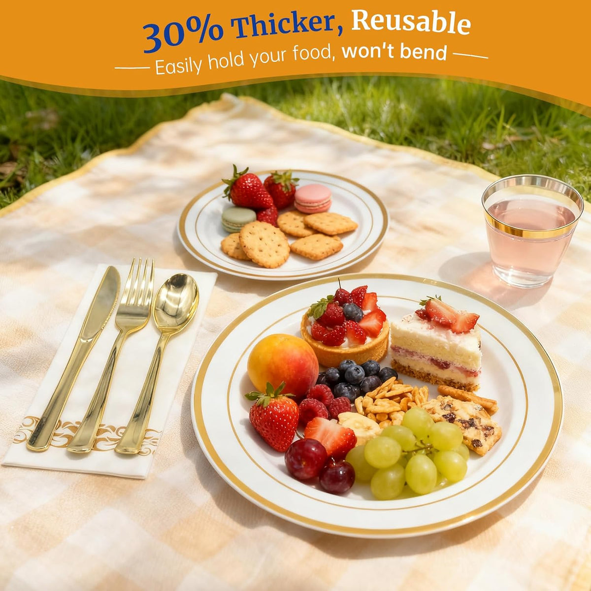 Gold White Plastic Plates Set, 175PCS Disposable Dinnerware for 25