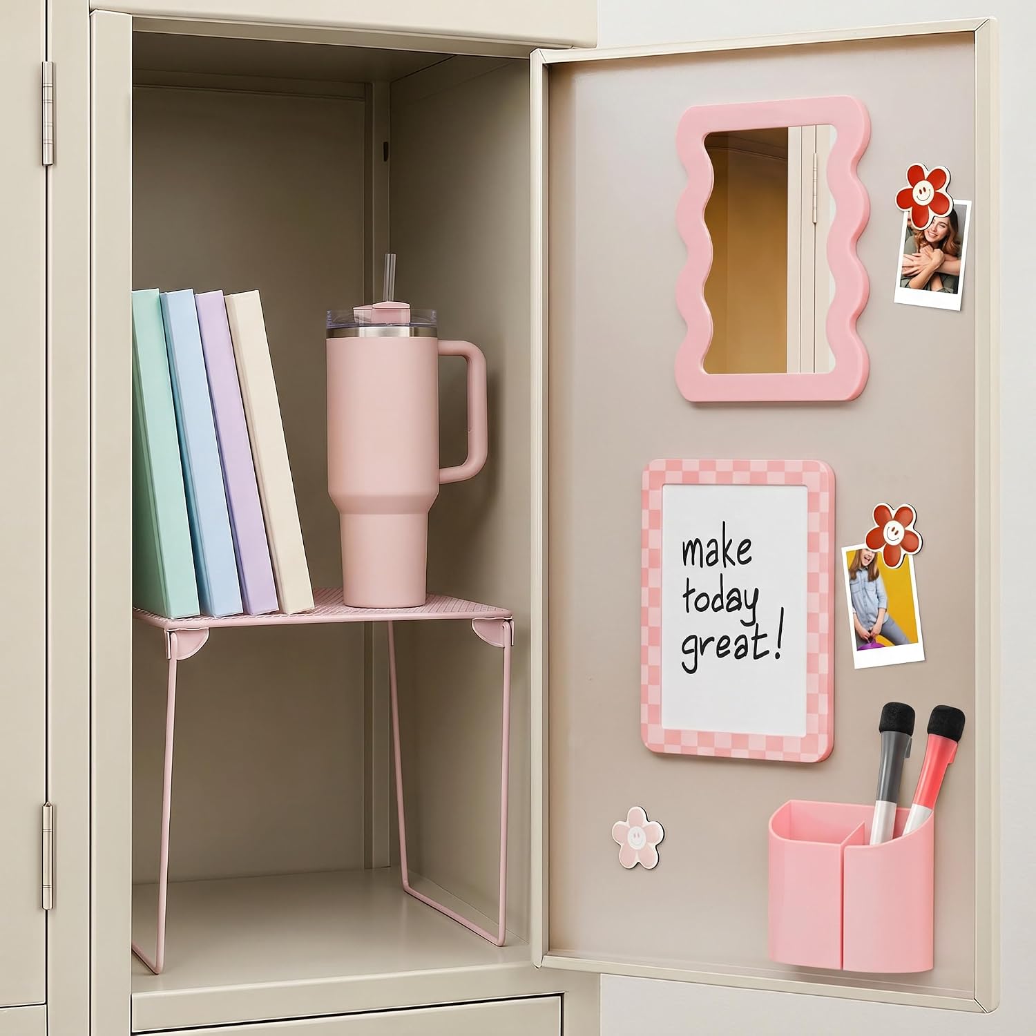 Stylish Locker Accessories Kit - Includes Shelf, Mirror, Whiteboard, Pen Holder, Cute Flower Magnets & Marker Set