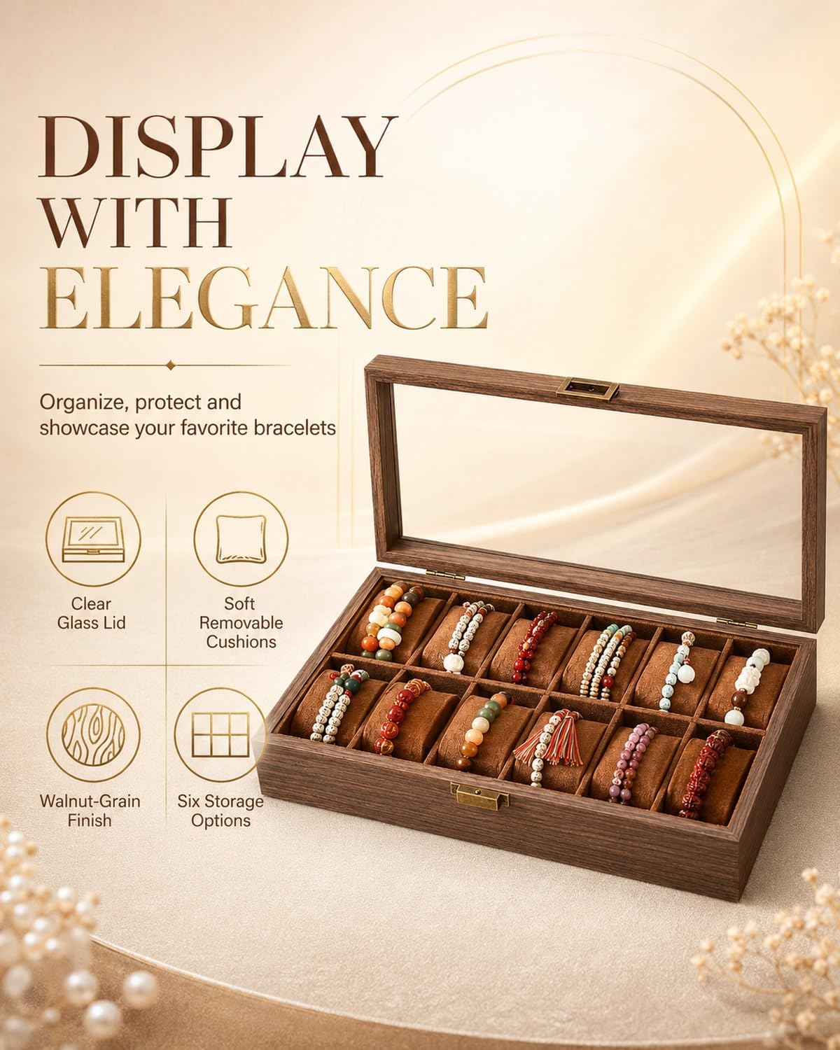 Bracelet Holder Display Wooden Jewelry Organizer Box Lid Bangles Watches | Bangle Storage Case with Velvet Cushions