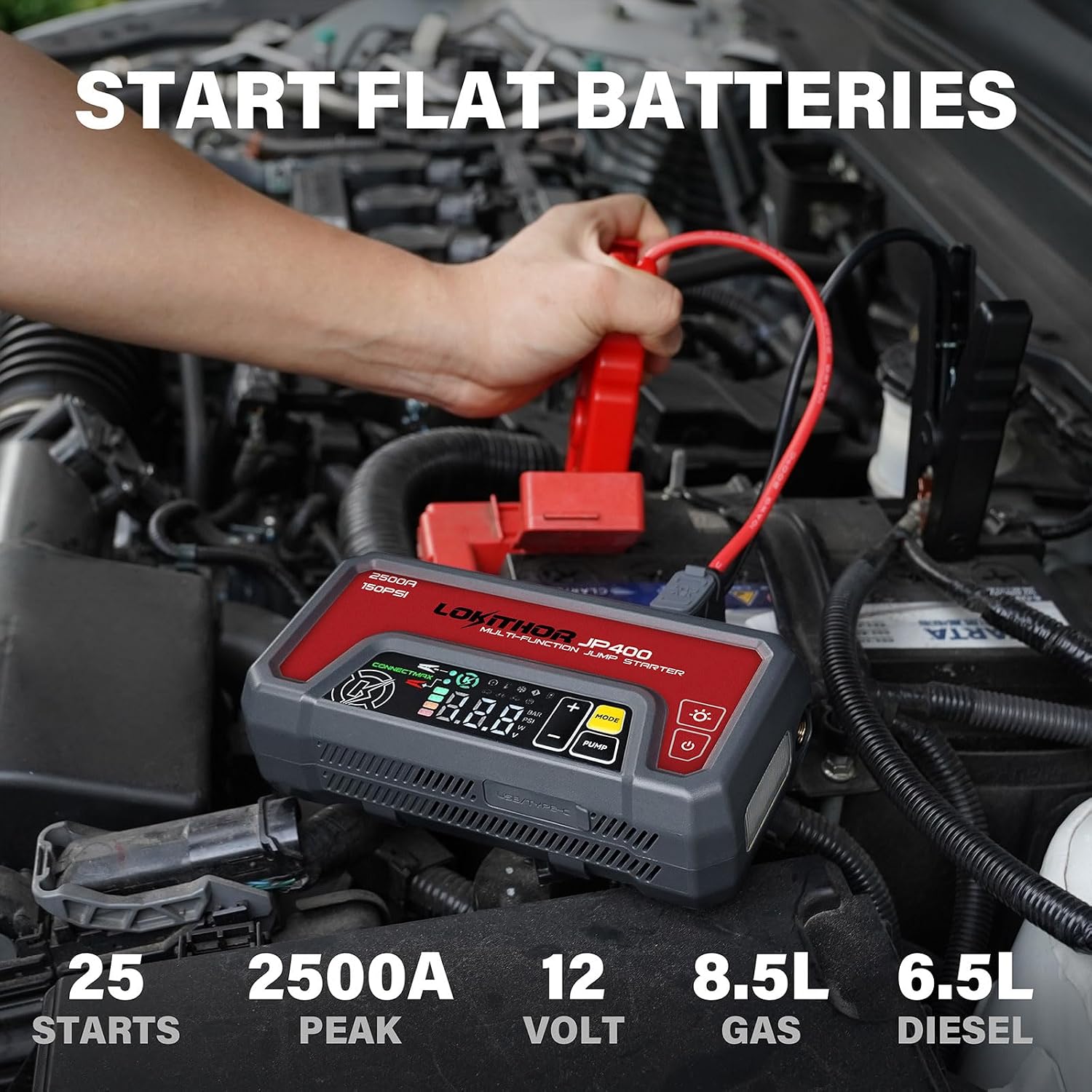 JP400 Jump Starter with Air Compressor, 2500A 12V Portable Car Battery Booster Pack (8.5L Gas/6.5L Diesel) with