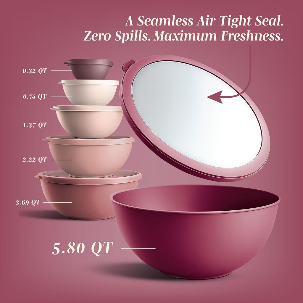 Mixing Bowls with Lids - 12 Piece Plastic Nesting Bowls Set includes 6 Prep Bowls and 6 Lids, Microwave Safe Mixing