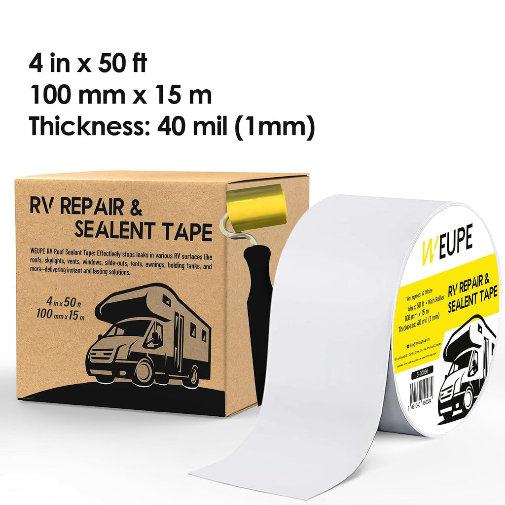 RV Sealant Tape with Roller, White, 4 Inch x 50 Feet, Roof Patch Repair Tape, Roofing Tape for RV, Waterproof Leak