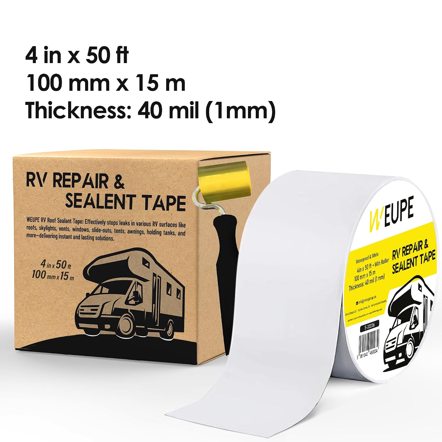 RV Sealant Tape with Roller, White, 4 Inch x 50 Feet, Roof Patch Repair Tape, Roofing Tape for RV, Waterproof Leak