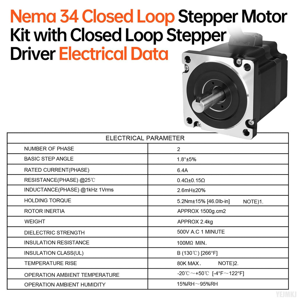 YEJMKJ Nema 34 Closed Loop Stepper Motor with Driver Kit 86-78mm 5.2Nm