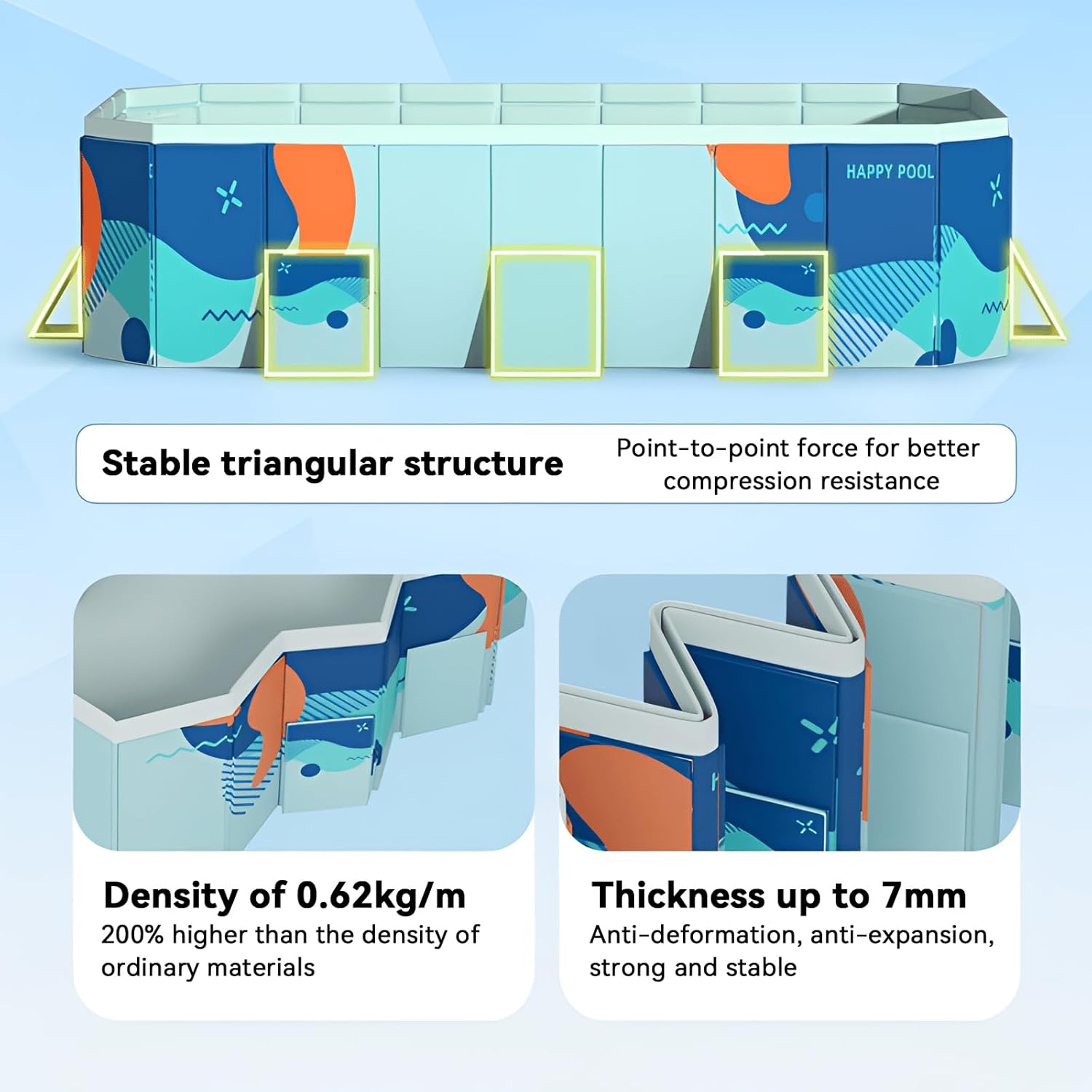 Foldable Swimming Pool, Rectangular Above Ground Swimming Pool for Outdoor Family Square Pool with Drain Plug and