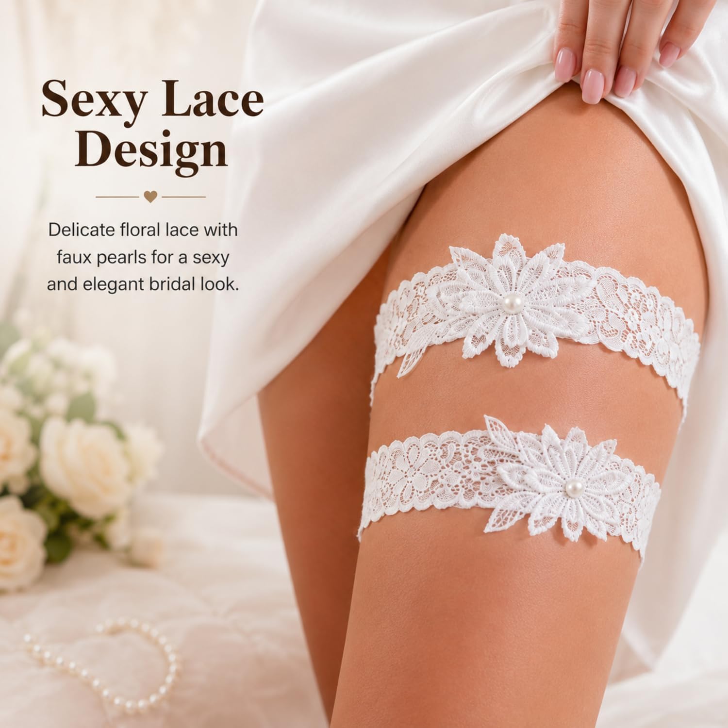 Wedding Garters for Bride Lace Garter Set with Faux Pearl