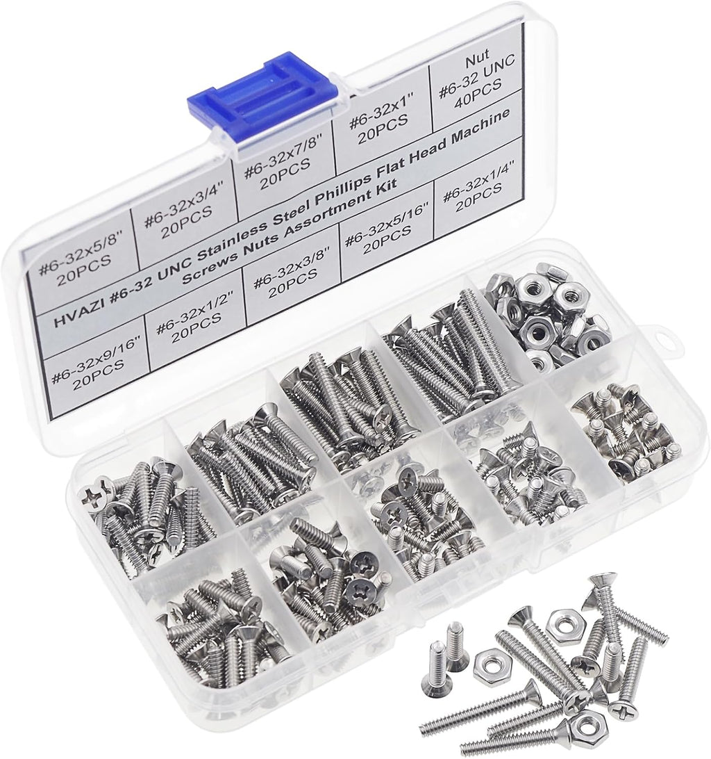 #6-32 UNC Stainless Steel Phillips Flat Head Machine Screws Nuts Kit