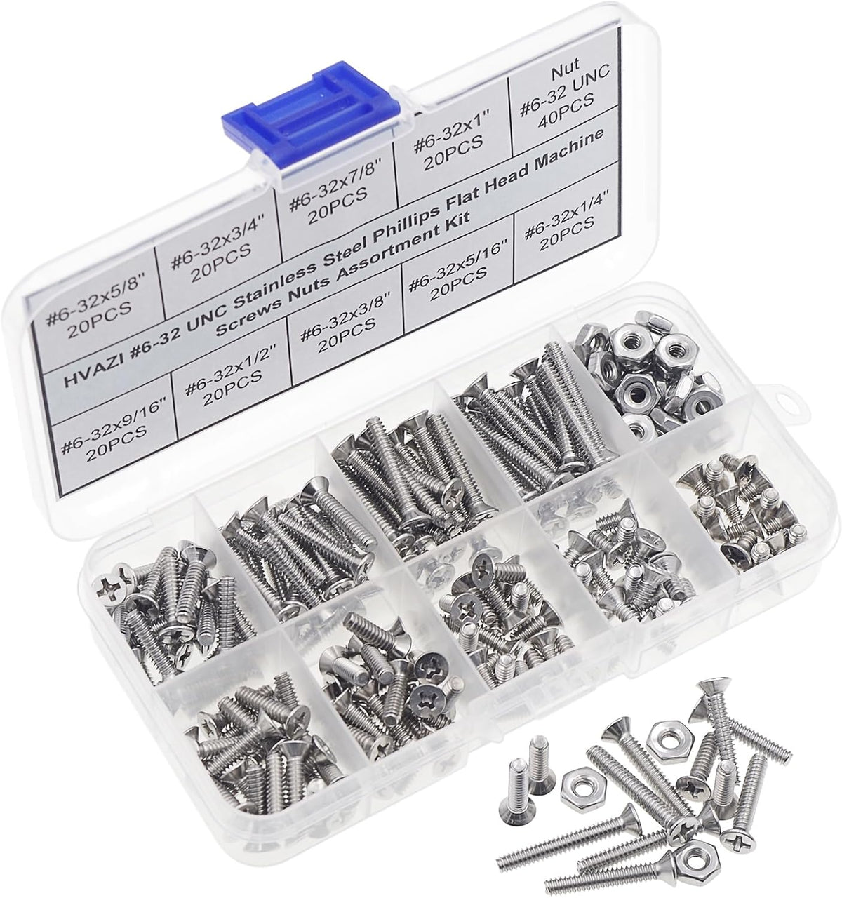 #6-32 UNC Stainless Steel Phillips Flat Head Machine Screws Nuts Kit