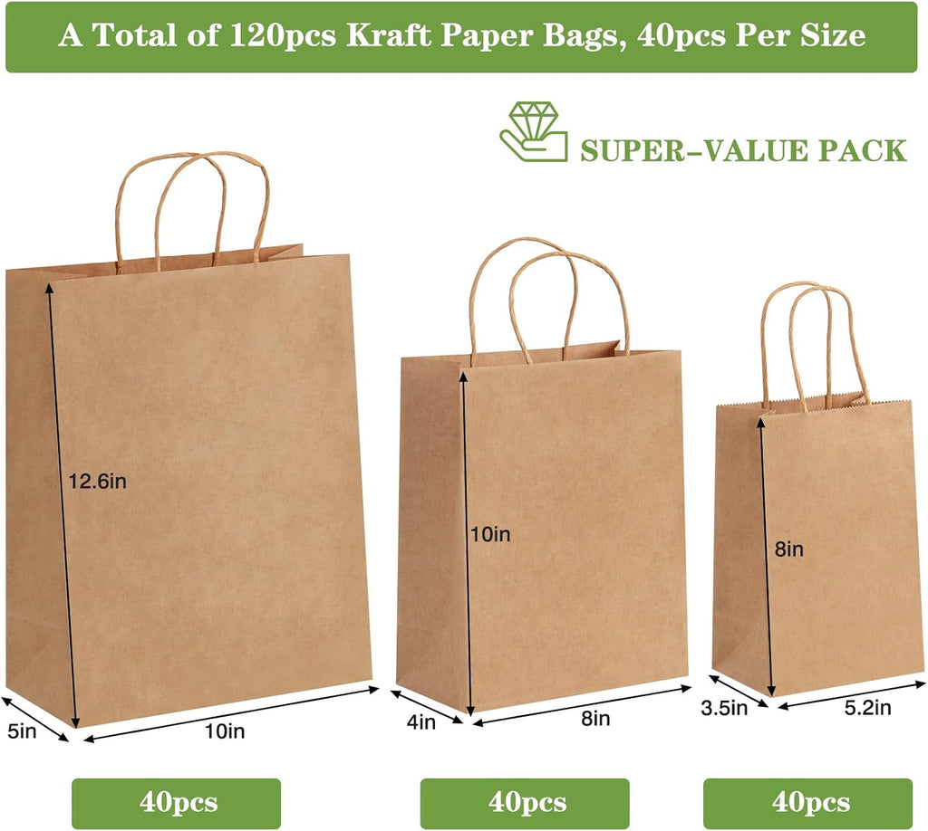 120pcs Paper Bags with Handles Assorted Sizes Kraft Brown Bags