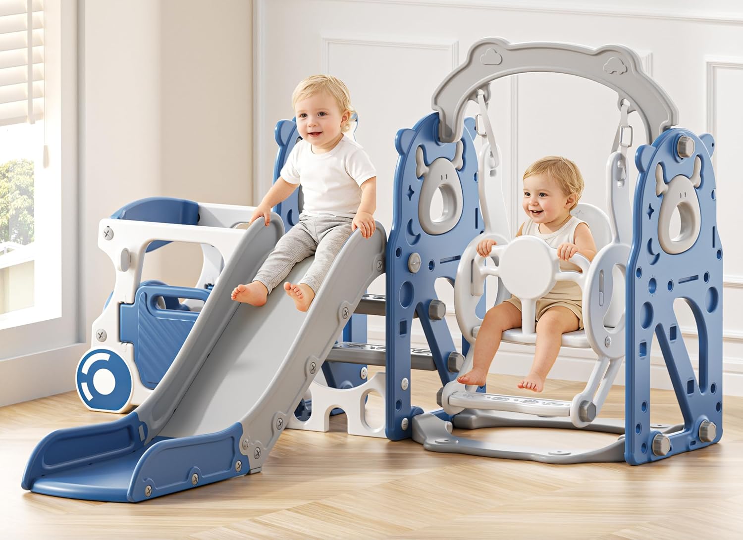 Toddler Slide and Swing Set, Bus Themed Kids Slide with Climber, Indoor Outdoor Playset for Toddlers Age 1-3, Blue