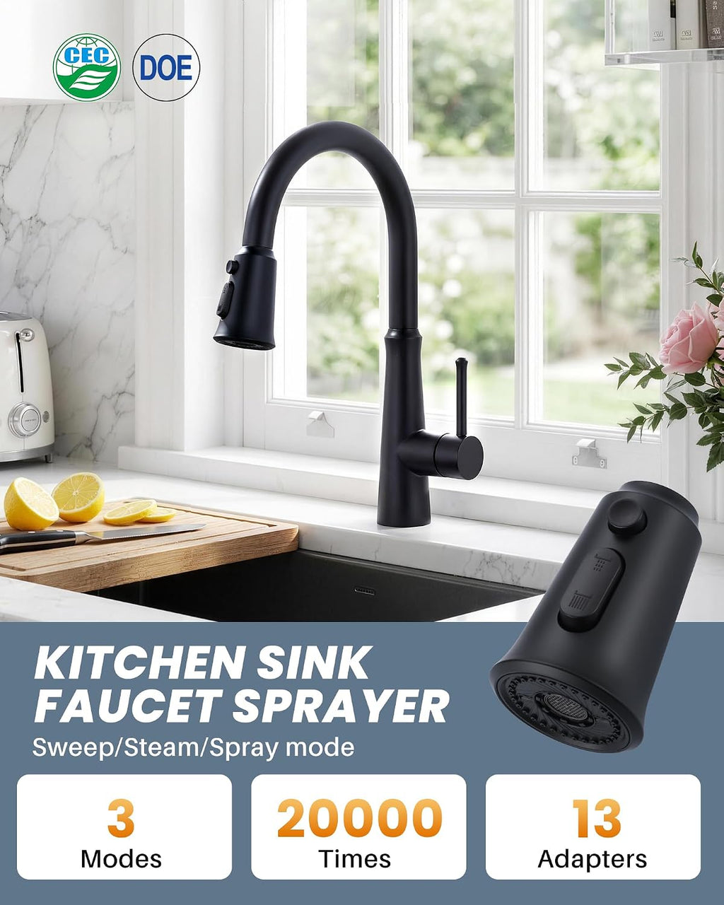 Kitchen Faucet Head Replacement, 3 Function Pull Down Faucet Sprayer Head with 13 Adapters, Matte Black Kitchen