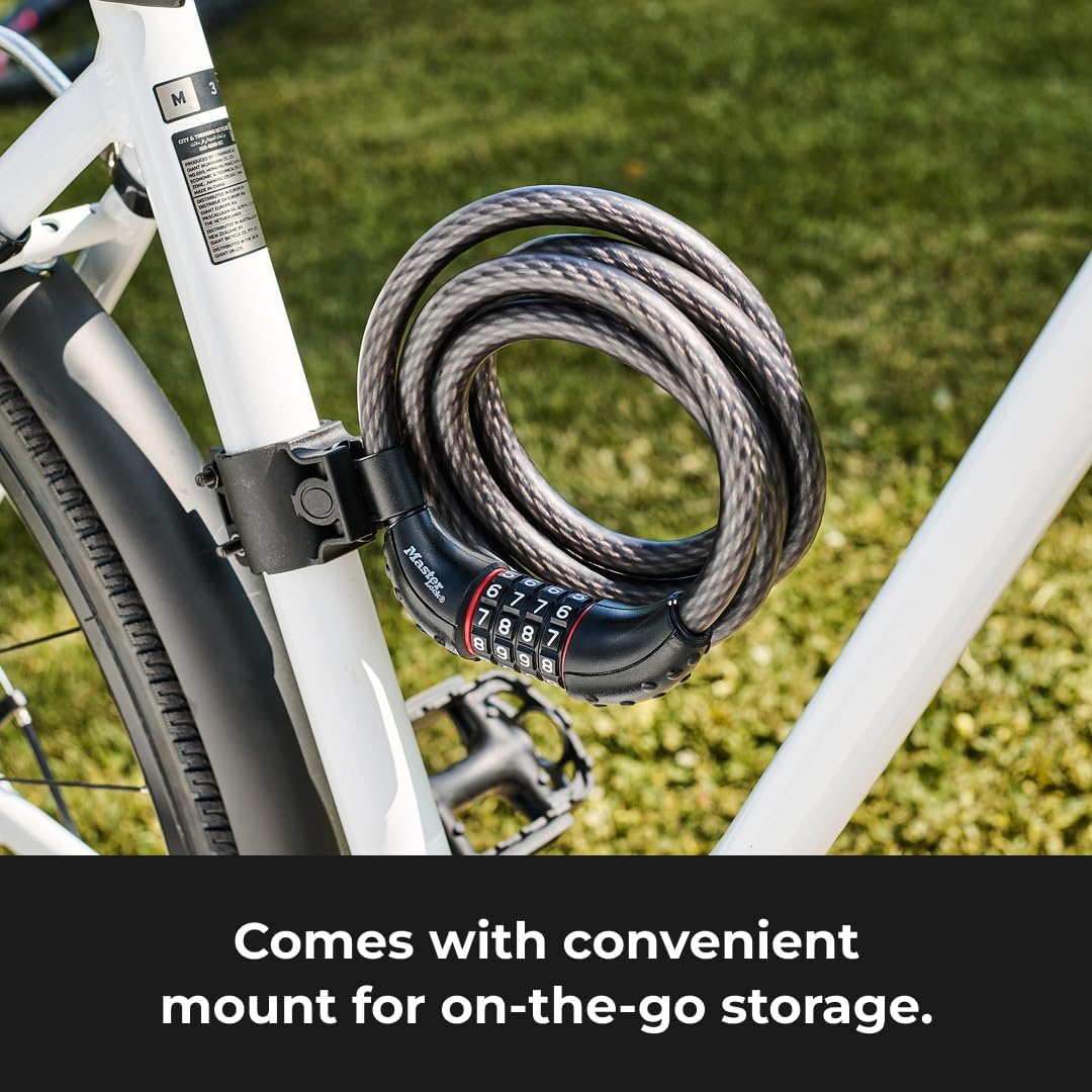 Bike Cable Lock 6 ' x 1/2" Long Length, Resettable Combination Lock with Black Vinyl Coating, 8122D
