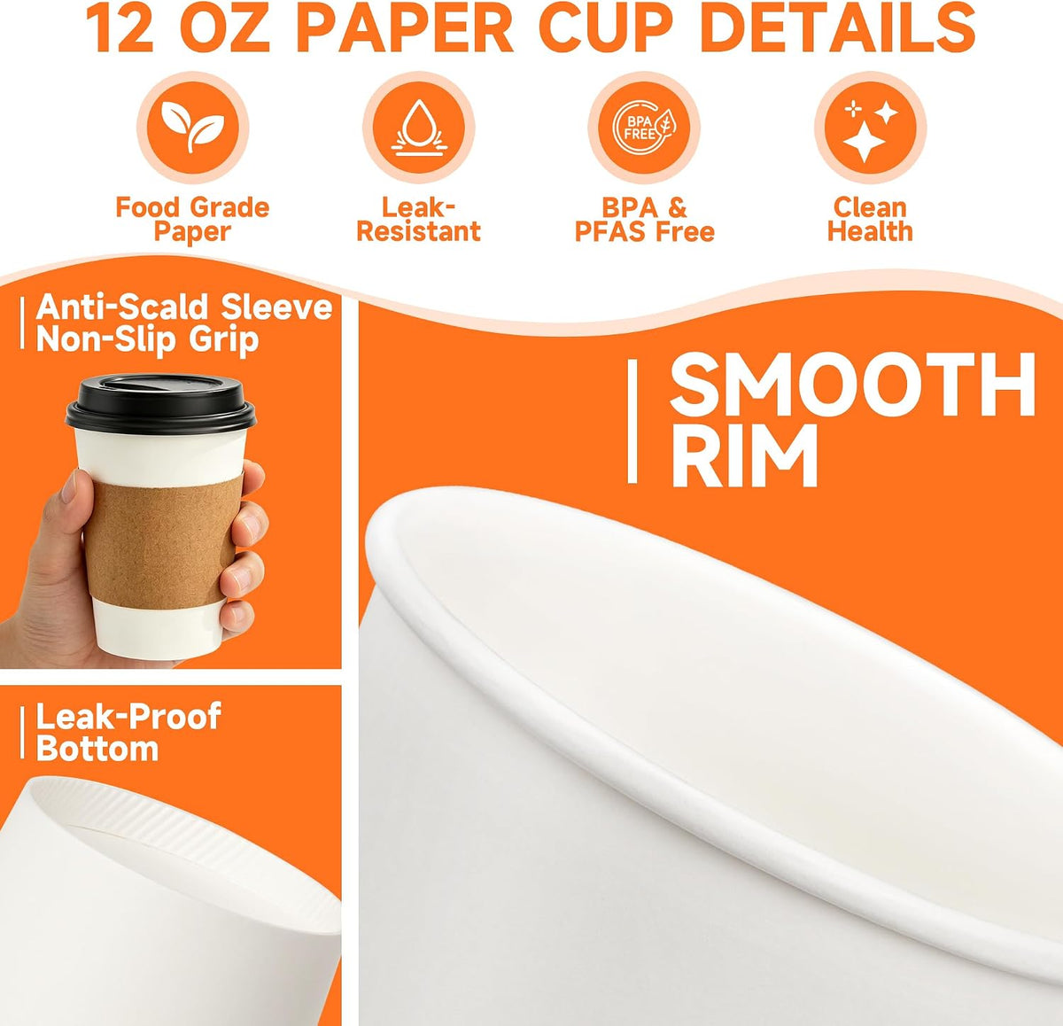 100 Pack 12 oz Disposable Coffee Cups with Lids and Sleeves,White
