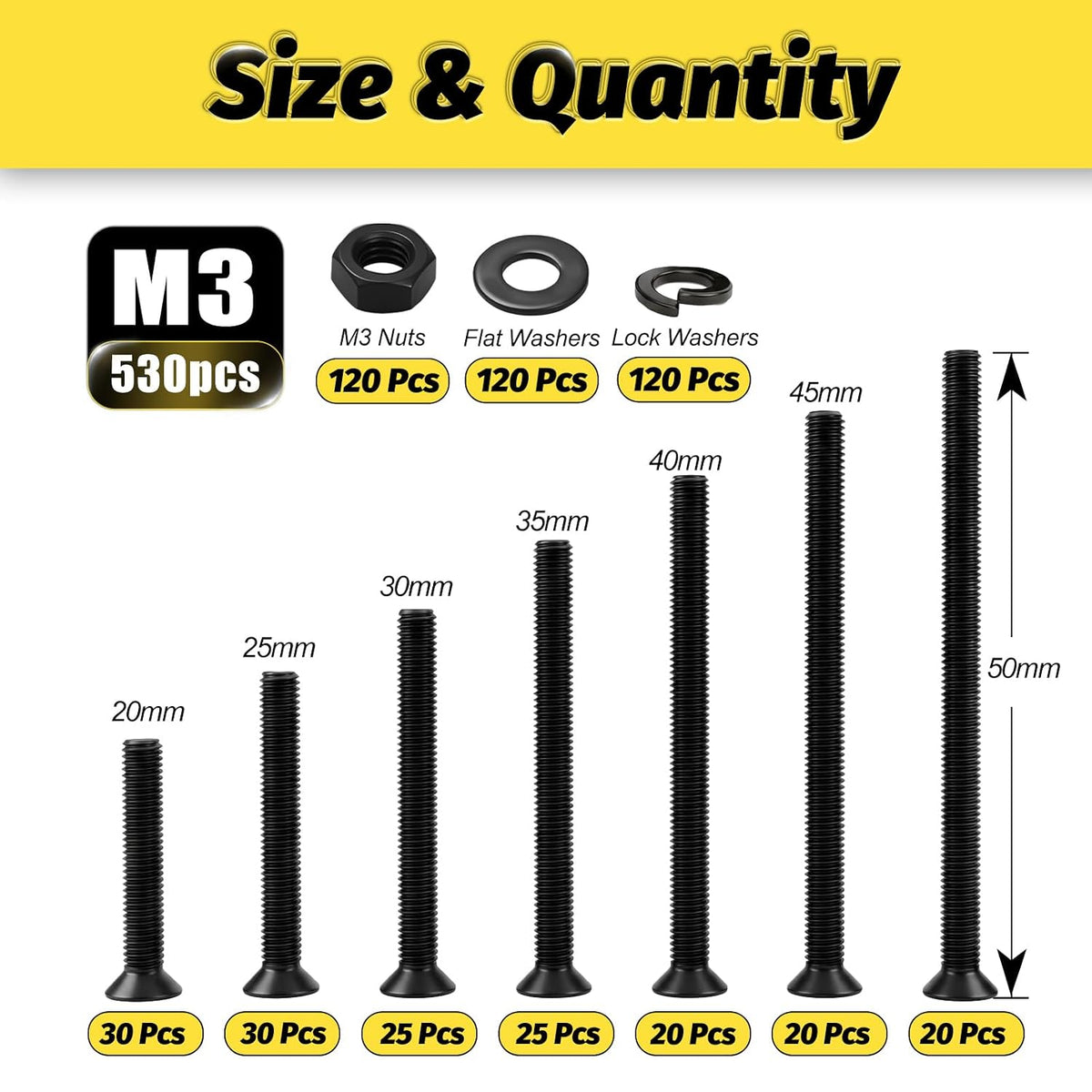 KADRICK 530PCS M3 Long Countersunk Screws Kit, M3-0.5MM Flat Head Screws