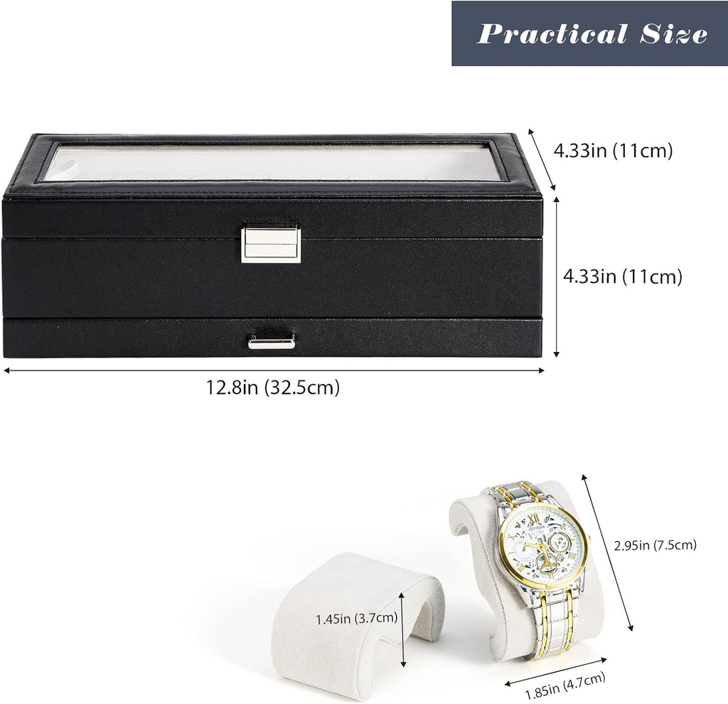 Watch Box, 6 Slot Watch Display Case with Drawer -Black | Mens Watches Case with Glass Lid, 2-Layer Mens Jewelry