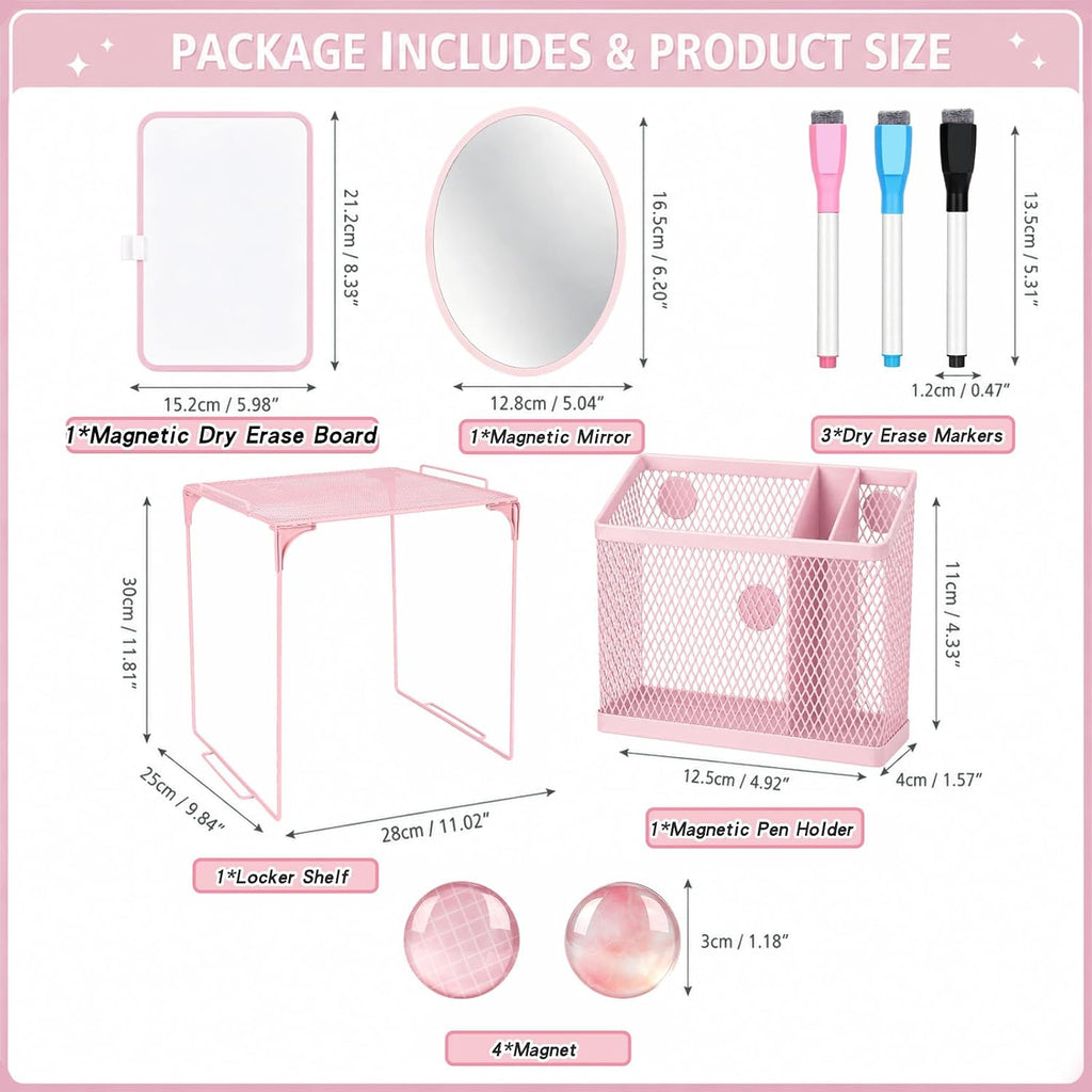 Pink Locker Accessories for Girls 11 Pcs Back to School Locker Decoration Supplies with Shelf Magnetic Mirror