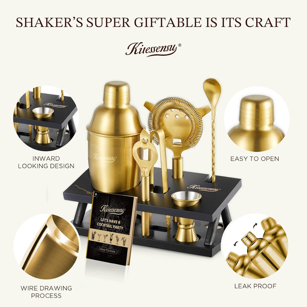 Cocktail Shaker Set Bartender Kit, 6-Piece Silver Bar Set with Stand, Gold