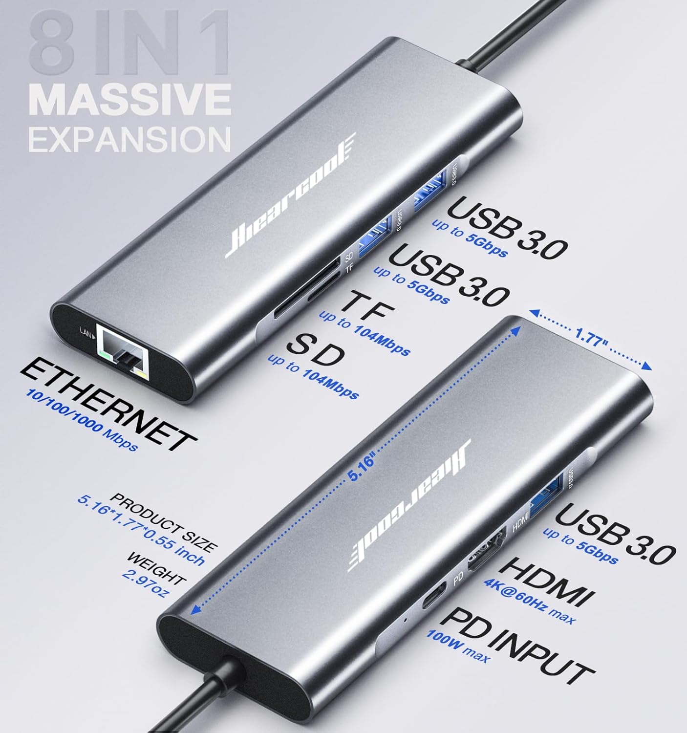 USB C Hub Ethernet 8-in-1, 4K@60Hz USB-C to HDMI Multiport Adapter with 1Gbps RJ45, 100W PD, 3 USB 3.0, SD/TF