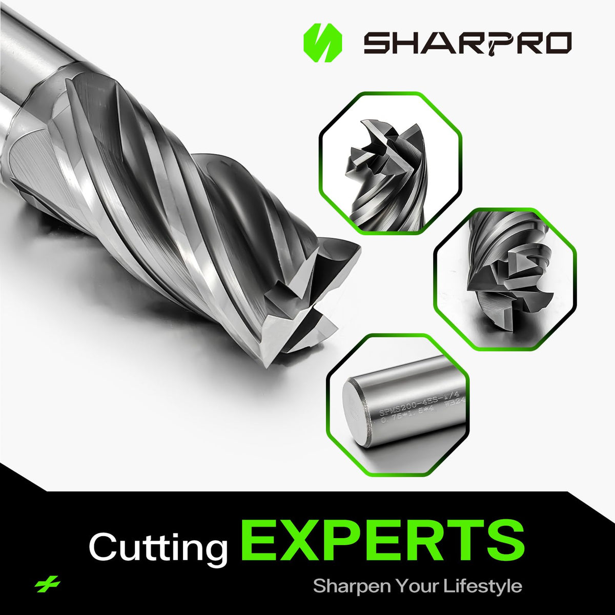 SHARPRO 1/4'' Shank Carbide End Mills, 4 Flute Square End Mill Bits