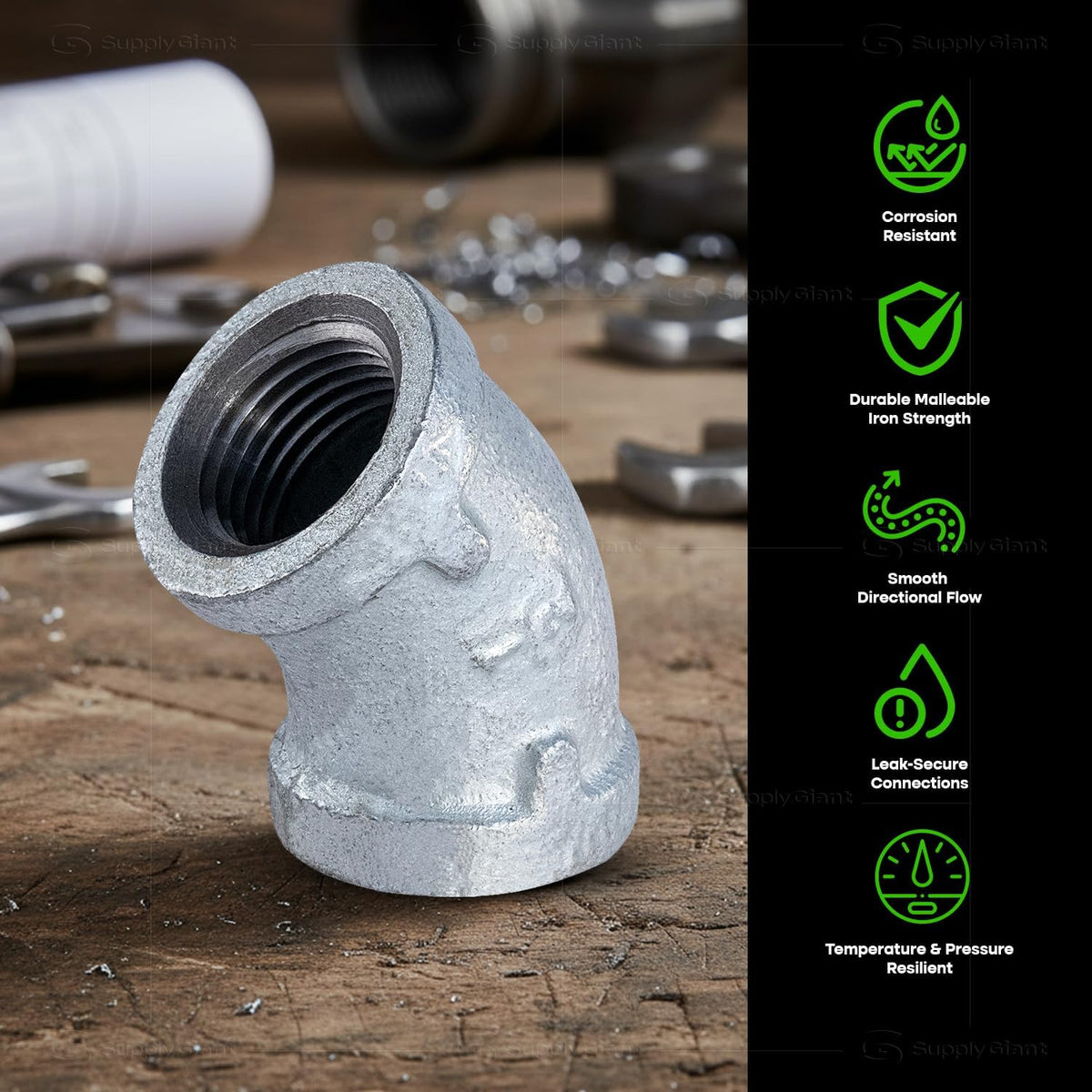 Supply Giant HNGG0100 1" 45 Degree Galvanized Malleable Iron Elbow for High Pressures, 1"