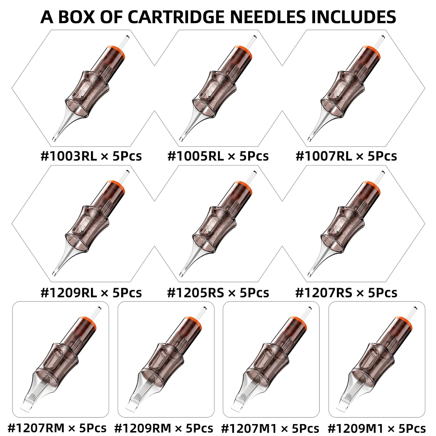 50 Assorted Tattoo Cartridge Needles Mixed Size 5 Pcs each of #10 Round Liner 3RL 5RL 7RL, #12 Round Liner Shader