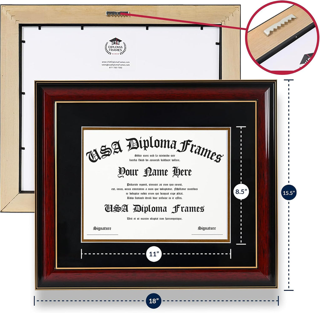 8.5x11 Diploma Frame with Mat. Certificate Holder for University, College, or Technical School Degrees – 15.5”x18”