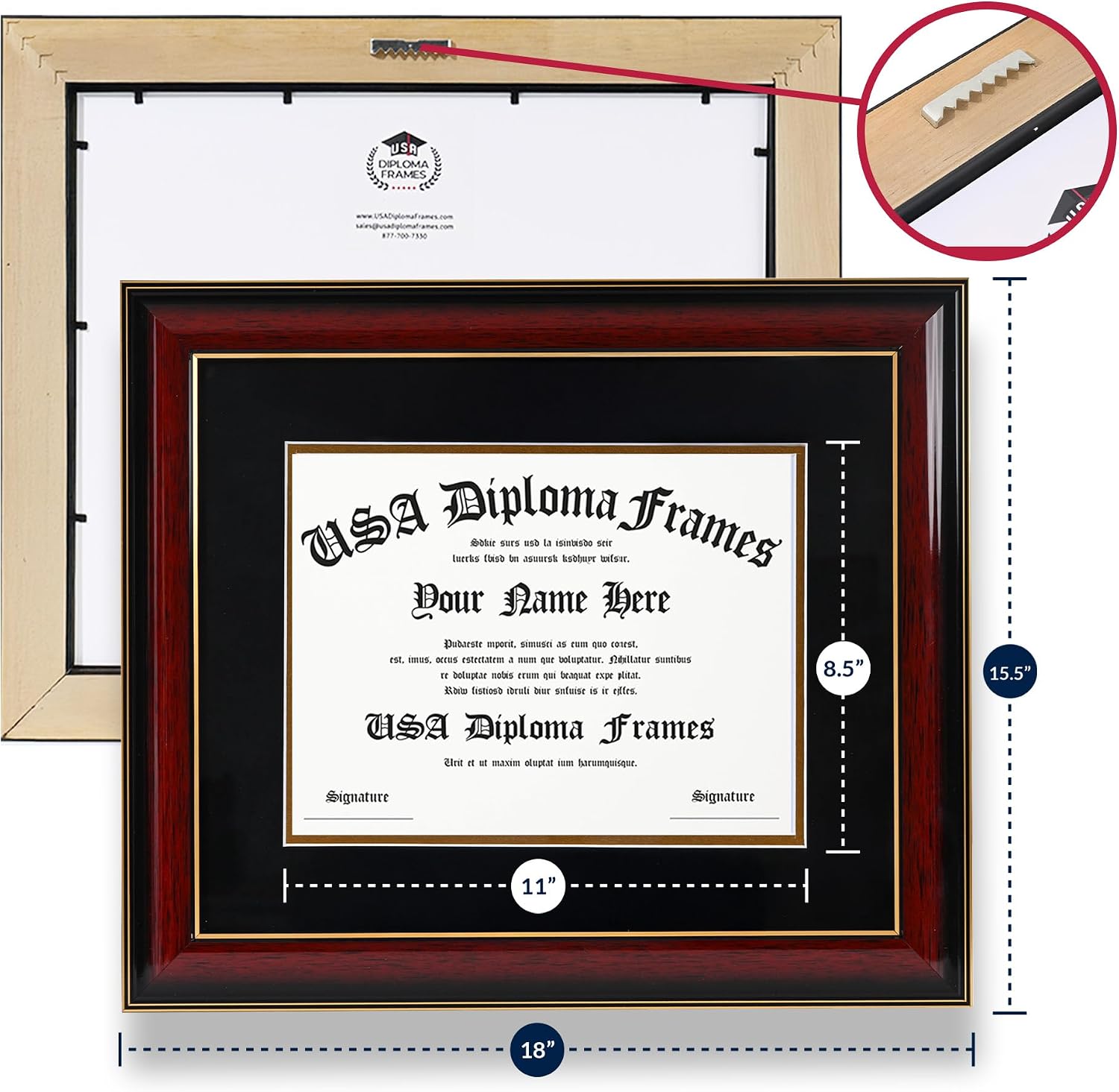 8.5x11 Diploma Frame with Mat. Certificate Holder for University, College, or Technical School Degrees – 15.5”x18”