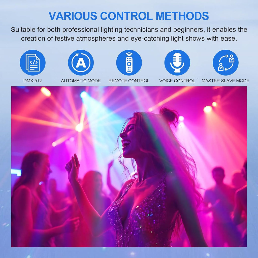 Moving Head DJ Lights 150W RGBW, 6-Arm Party Stage Light with Remote | 150W RGBW 6-arm beams, DMX-512 &