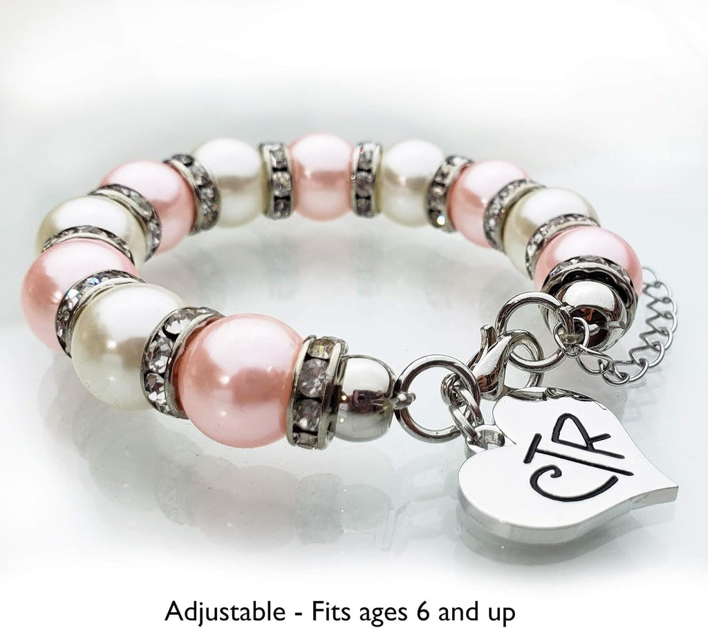 LDS Baptism Gift, CTR Charm Bracelet, Pink and White Faux Pearls with Crystals, Choose The Right Gifts for Girls