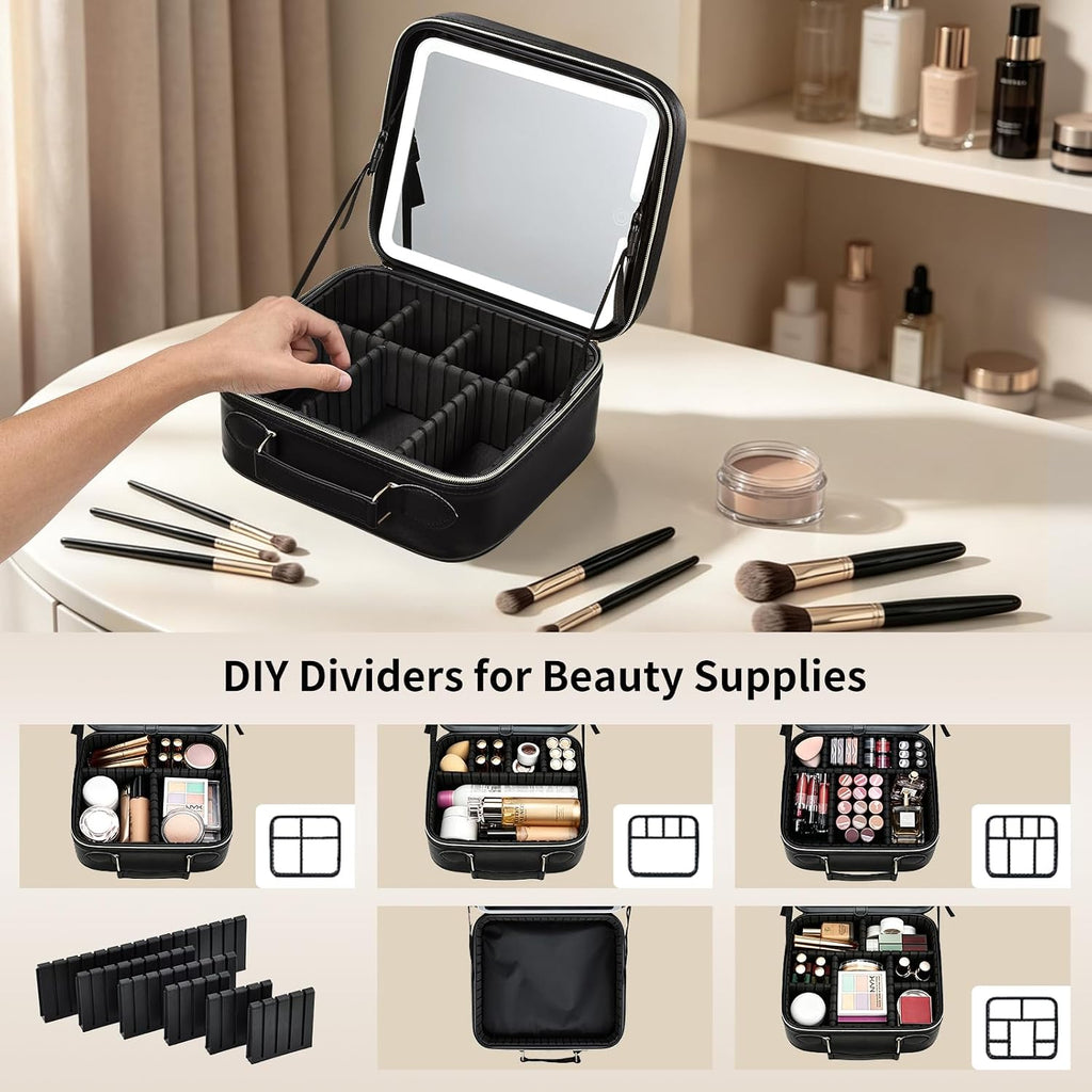 Makeup Bag with LED Lighted Mirror 10.2-in Travel Makeup Bag Train Case Adjustable Brightness in 3 Colors Cosmetic