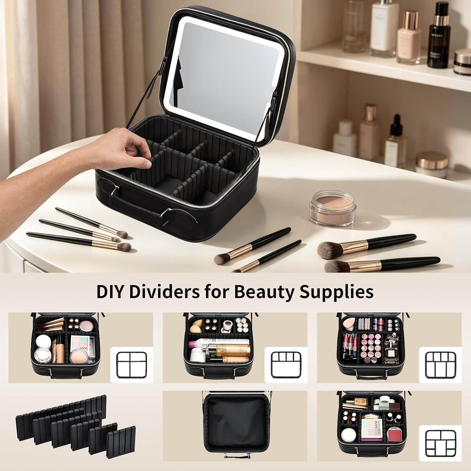 Makeup Bag with LED Lighted Mirror 10.2-in Travel Makeup Bag Train Case Adjustable Brightness in 3 Colors Cosmetic