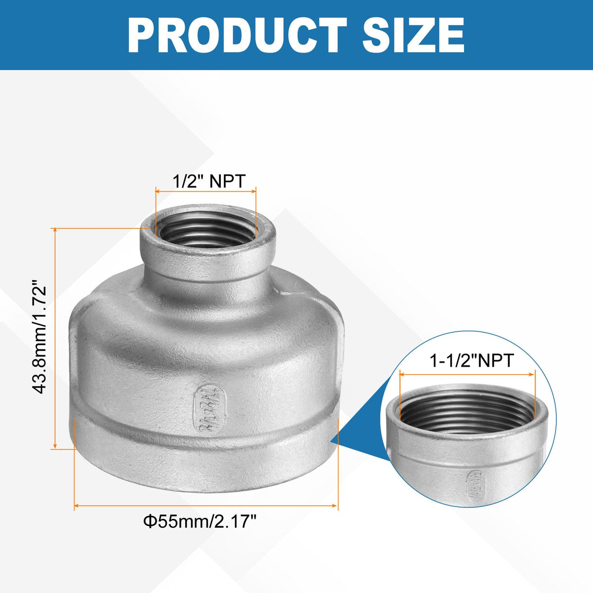 HARFINGTON Reducing Coupling 1-1/2"x1/2" NPT Female 304 Stainless Steel