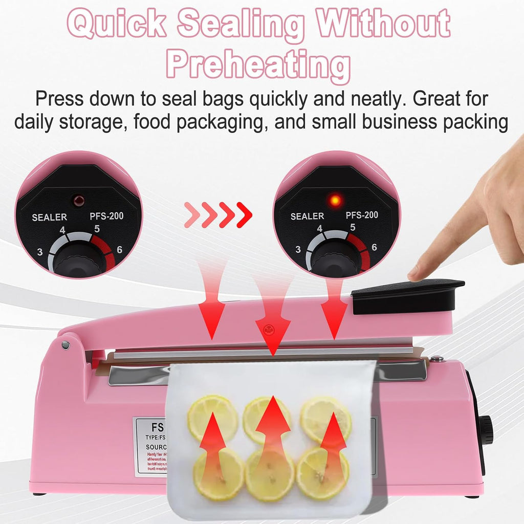 8 Inch Impulse Heat Sealer Machine with Extra Replace Element Grip, Pink