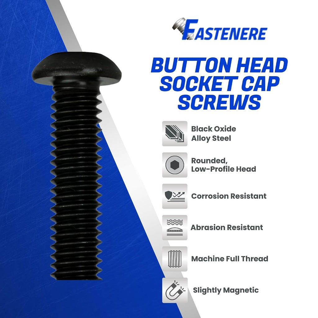 Fastenere Button Head Socket Cap Screws - 10-32 x 1-1/4" (50-Pcs) Alloy Steel, Fully Threaded, Fine Black Oxide Finish, Corrosion-Resistant, Machine Thread, Easy to Install w/Allen Hex Drive