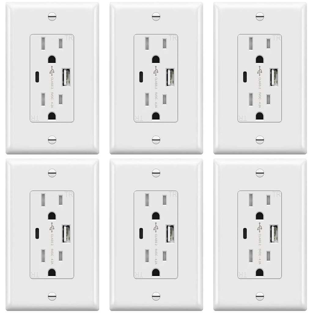 TOPGREENER 4.2A USB Outlets, 15 Amp Wall Outlet with USB Ports,White,6 Pack