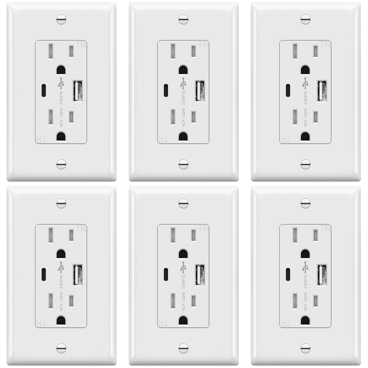 TOPGREENER 4.2A USB Outlets, 15 Amp Wall Outlet with USB Ports,White,6 Pack