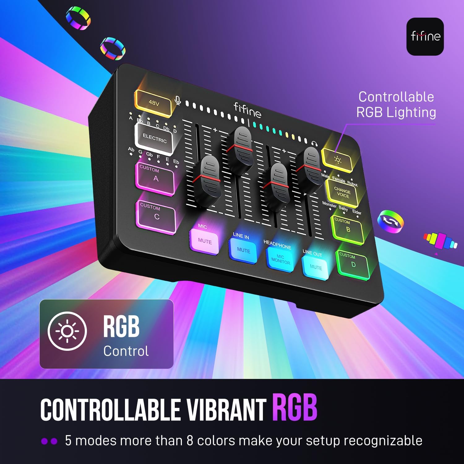 Gaming Audio Mixer, Streaming RGB PC Mixer with XLR Microphone Interface, Individual Control, Volume Fader, Mute