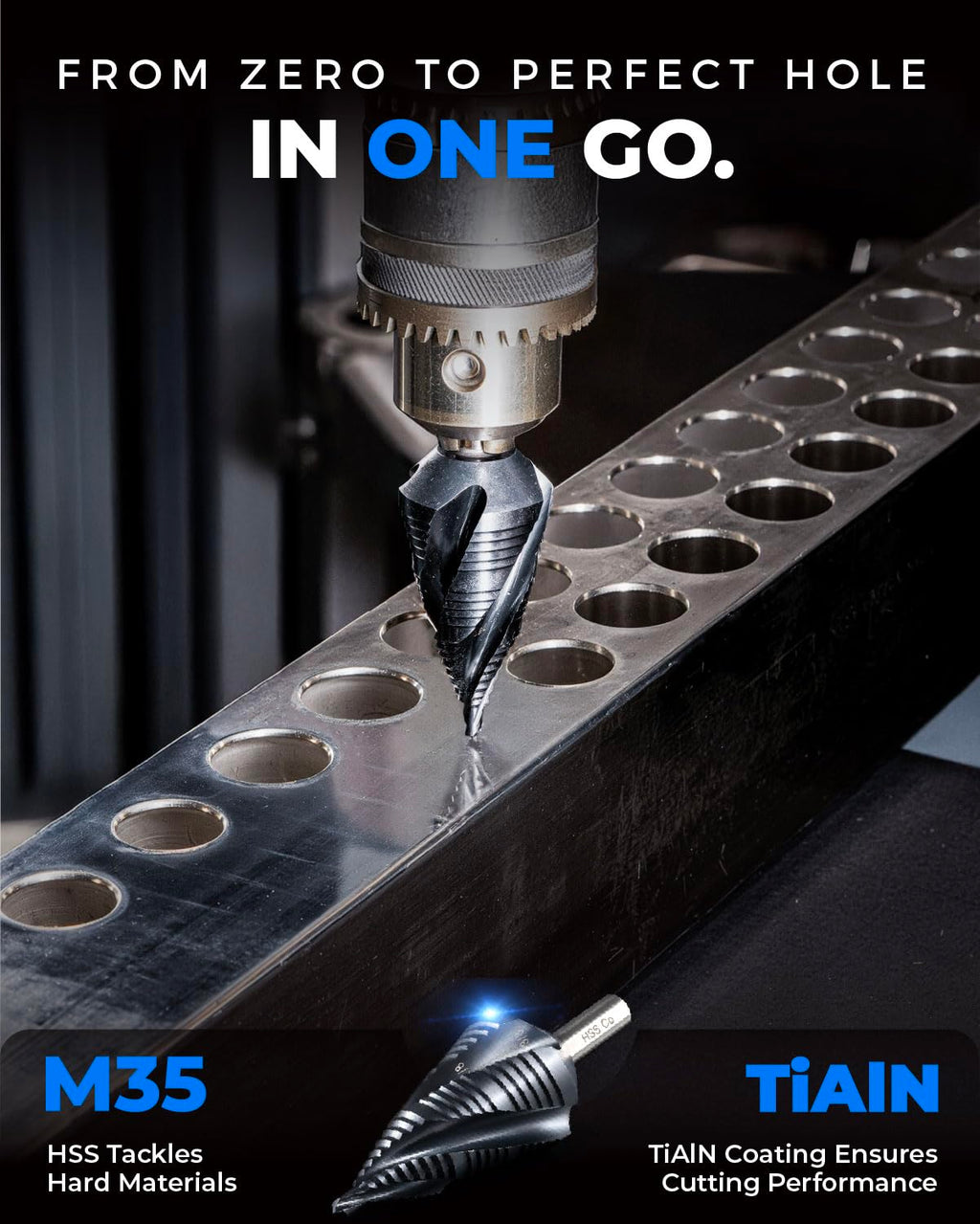 toolant M35 Cobalt Step Drill Bit, 3/16"-1-3/8", TiAlN, 3/8" Shank