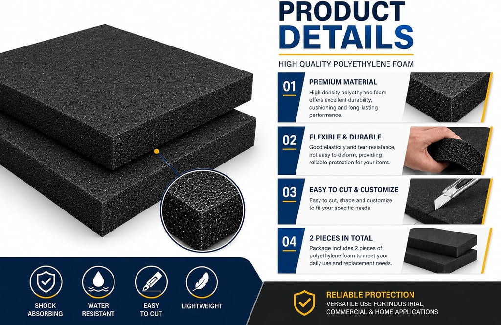 Polyethylene Foam Sheets 16 x 12 x 2 Inch, Closed Cell PE Foam, Tool Box & Case Insert, Black, 2 Pack
